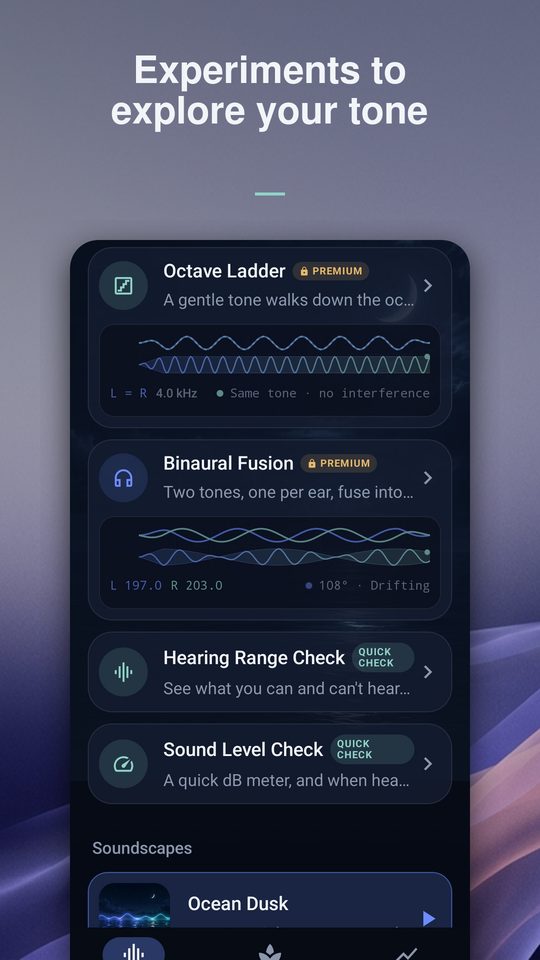Experiments: Octave Ladder, Binaural Fusion, Hearing Range Check, Sound Level Check.