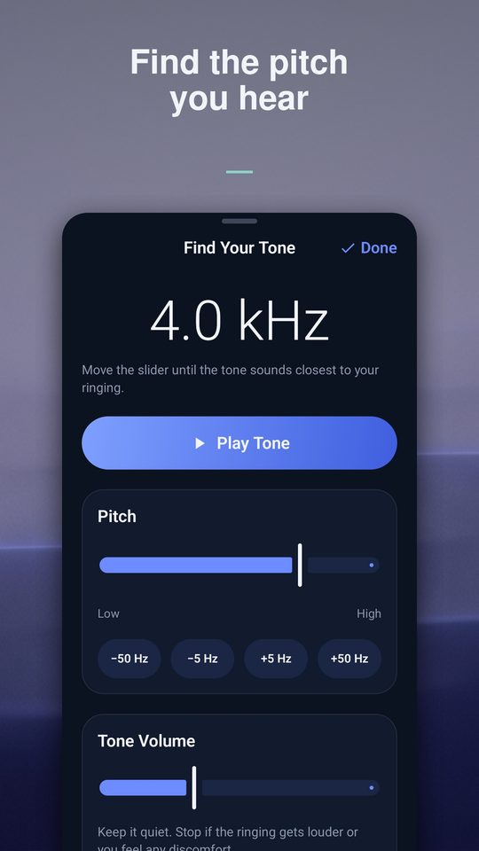 The Find Your Tone screen, showing a 4.0 kHz tone, a pitch slider, and fine-tune buttons.